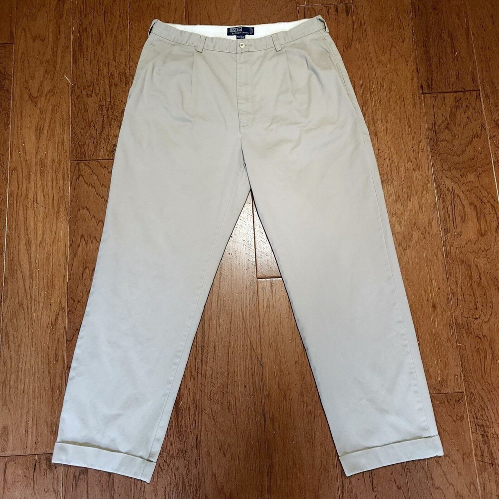 Polo Ralph Lauren Hammond Pants 36x34 (Actual 36x31) Cotton Beige Pleated Cuffed
